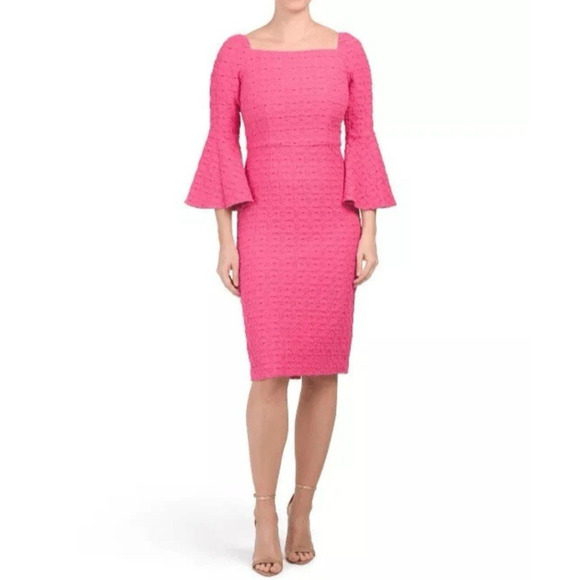 Trina Turk New Favor Pink Square Neck Bell Sleeve Dress Size 4 Sheath Textured - Picture 1 of 15
